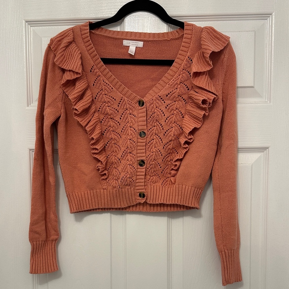 Women's Ruffled Cropped Knit Sweater - Coral